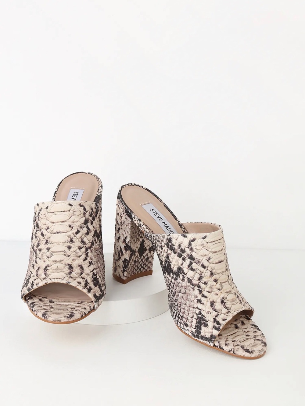 Steve Madden Esmeralda Natural Snake Print Peep Toe Block Heel Mules 10M